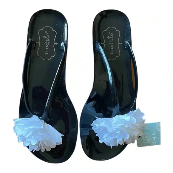 MUDPIE Black w/White Flower Jelly Flip Flops Sandals size EUR 37 / US 6.5 - Picture 1 of 5